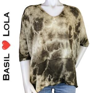 Basil Lola Top Small Green Camo Tie Dyed Mesh Short Dolman Sleeve High Low